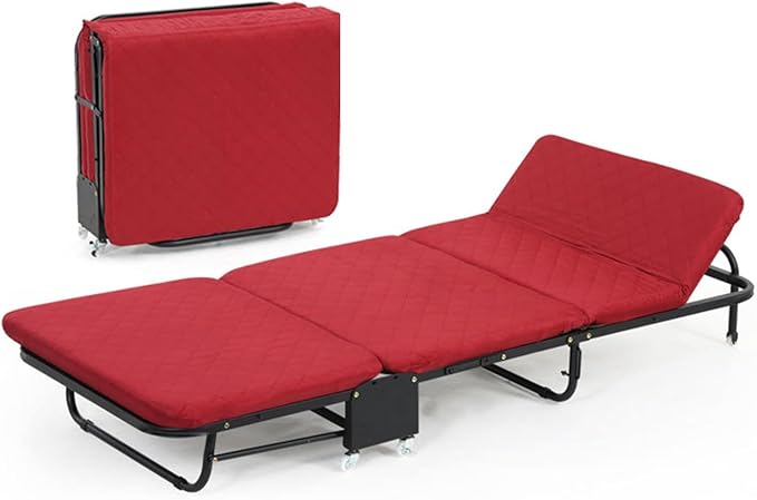 Folding Bed with Mattress, Portable Foldable Adult Bed Frame for Guest, Fold up Bed Cot for Indoor Outdoor Travel Camp Vacation(Red)