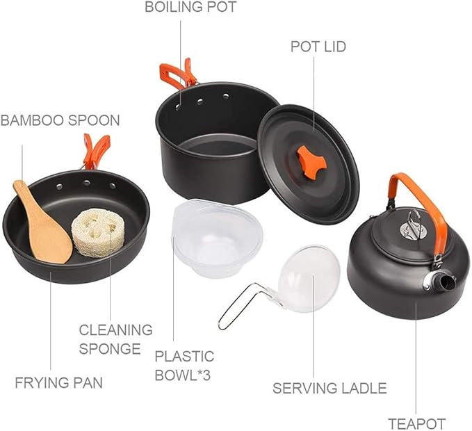 Camping Cookware Kit Outdoor Aluminum Cooking Set Water Kettle Pan Pot Travelling Hiking Picnic BBQ Tableware Equipment