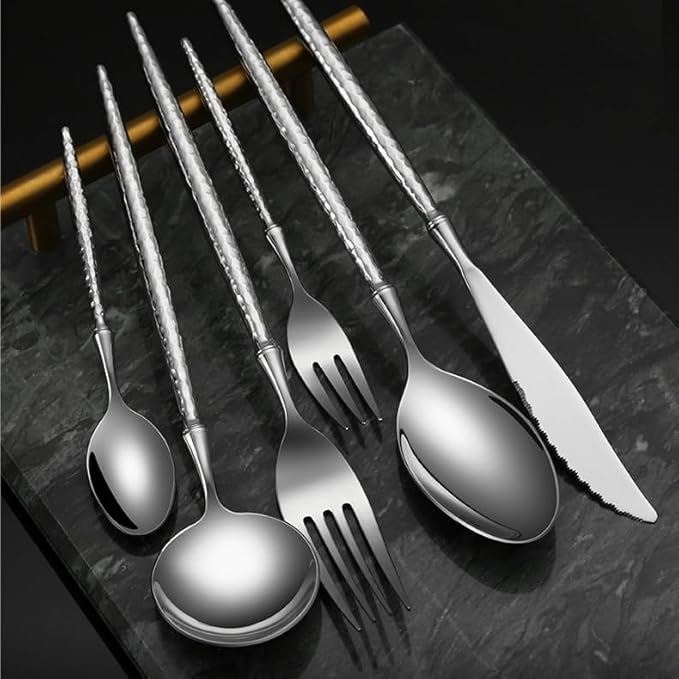 Cutlery Set Pieces Service Stainless Steel Titanium Flatware,Silverware Flatware Cutlery Set, 6/24/36/48/60/72pcs Stainless Steel 304 Tableware Creative Hammer Pattern Light Luxury Hotel Me