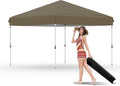 GarveeLife 10x10 Pop Up Canopy with One Button Push Setup - Heavy Duty Outdoor Canopy Tent with Portable Roller Bag - 3 Adjustable Height, 4 Weight Bags, 8 Stakes & 4 Guy Ropes Included, Brown