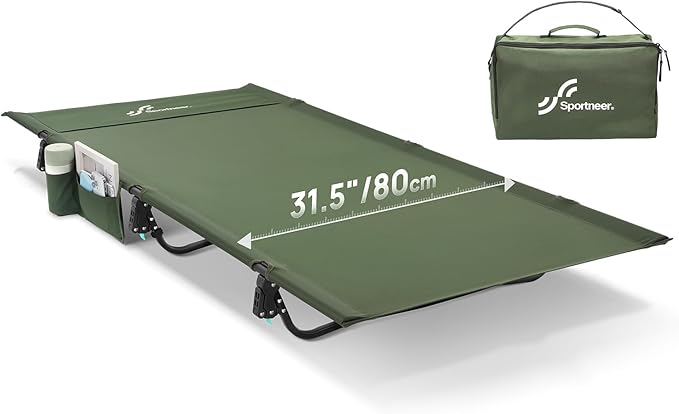 Sportneer Camping Cot, 31.5'' Extra Wide Army Green Compact Folding Cot with Side Pocket & Carry Bag, Lightweight Portable Outdoor Bed for Adults, Camping, Home, Travel