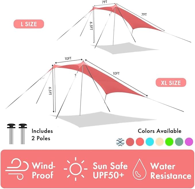 Beach Canopy Windproof Design, Sun Shelter UPF50+ Portable Family Tent with 6 Sandbags Anchors 10x10 FT 2 Pole Pop Up Outdoor Shelter for Beach, Camping, Fishing, Backyard
