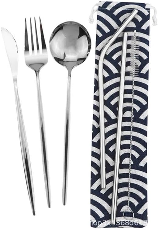 6/24/36/48/60/72 Pieces Stainless Steel Travel Camping Portable Tableware Set Straw Table Knife Spoon Fork Cleaning Brush Storage Bag(Silver,6Set-36Pcs)
