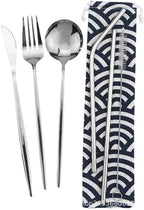 Silverware Set, 6/24/36/48/60/72 Pieces Stainless Steel Travel Camping Portable Tableware Set Straw Table Knife Spoon Fork Cleaning Brush Storage Bag(Silver,12Set-72Pcs)