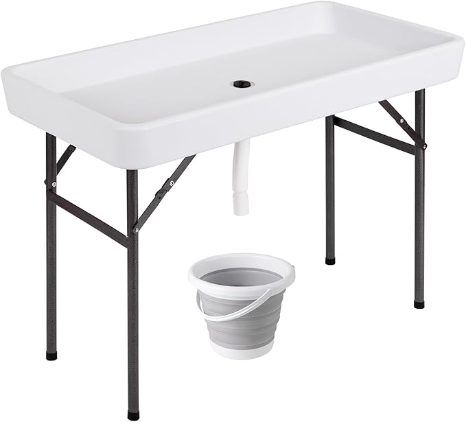 KOTEK Folding Ice Cooler Table with Matching Skirt, Drain Hose & Bucket, Foldable Buffet Beverage Cooler Server, Portable Chill Table for Party, Picnic, BBQ, Camping (White)