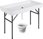KOTEK Folding Ice Cooler Table with Matching Skirt, Drain Hose & Bucket, Foldable Buffet Beverage Cooler Server, Portable Chill Table for Party, Picnic, BBQ, Camping (White)