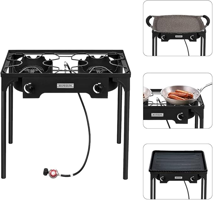 Bonnlo 2 Burner Outdoor Portable Propane Stove Gas Cooker, Heavy Duty Iron Cast Patio Burner with Detachable Stand Legs for Camp Cooking (2-Burner 150,000-BTU)