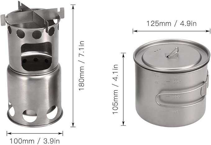 Titanium Camping Cookware Set Outdoor Wood Stove Outdoor Pot Folding Backpacking Camping Stove with 1100ml Pot Camping Tableware