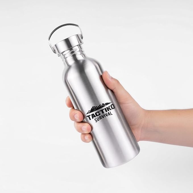 Tactiko Survival 34 oz/1000 ml Stainless Steel Wide Mouth Water Bottle, Single Wall Boil-Safe, Leakproof, BPA-Free with Carry Sleeve and Strap for Camping, Hiking, Outdoor Prep (Tan)