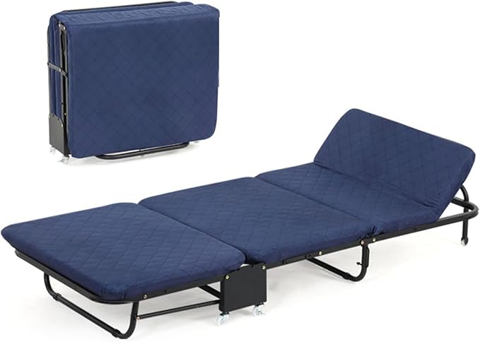 Folding Bed with Mattress, Portable Foldable Adult Bed Frame for Guest, Fold up Bed Cot for Indoor Outdoor Travel Camp Vacation(Blue)