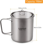 Lixada Titanium Pot, Lightweight Camping Pot Titanium Cup Titanium Backpacking Pot with Portable Foldable Handles for Outdoor Camping Hiking Backpacking