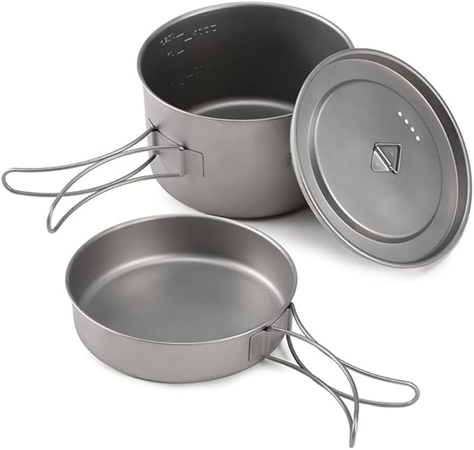 Titanium Bowls Camping Cookware Set Camping Pot Outdoor Pan Outdoor Cooking Tableware with Foldable Handles Mesh Sack,