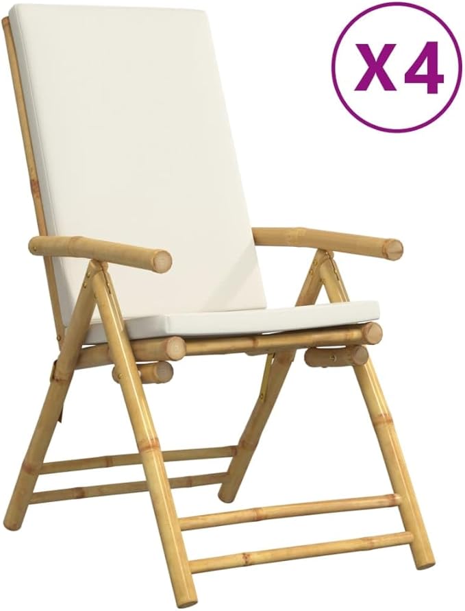 4 Piece Folding Patio Reclining Chairs with Cream White Cushions Bamboo Lounge Chair Camping Chair Lawn Chairs Living Room Chairs for Bedroom Patio Outdoor Dining