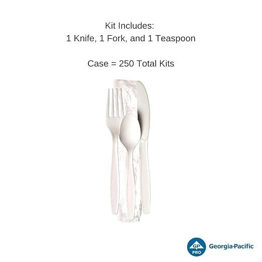 Dixie Individually Wrapped 3-Piece Heavy-Weight Polystyrene Plastic Fork, Knife, and Teaspoon, Cutlery Kit by GP PRO (Georgia-Pacific), White, CH26C7, (Case of 250 Kits)