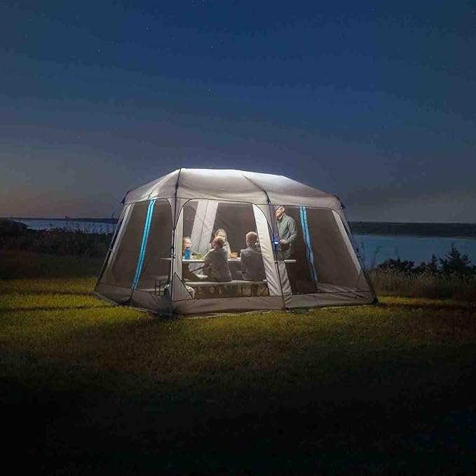CORE 12’x10' Lighted Instant Screen House | Folding and Portable Large Pop Up Canopy Shelter with LED Lights | Perfect for Family Camping, Outdoor, Picnic, Backyards, BBQ, Tailgate, Patio and Party