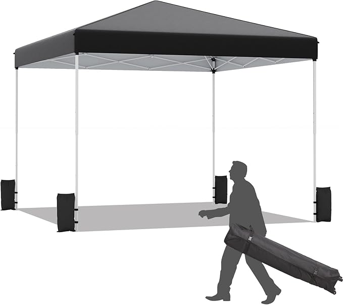 EROMMY 10x10 Pop Up Tent, Easy to Set Up Outdoor Canopy, Portable Shelter for Events, Parties, Camping with 4 Sand Bags, Wheeled Bag, 4 Ropes and 8 Spikes(Black)