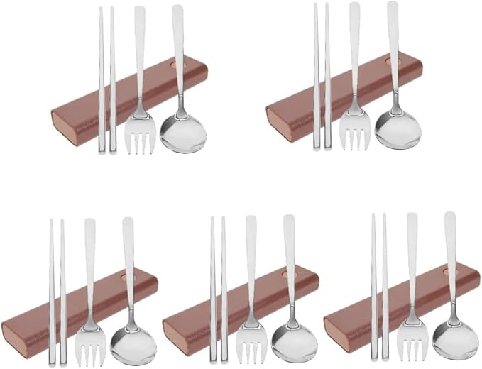 5 Sets Fork Spoon Chopsticks Stainless Steel Spoon Travel Cutlery Serving Utensils Stainless Steel Reusable Utensils Set with Case Office Use Utensil Camping Chopstick Rest