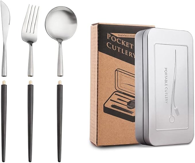 3 Pcs Portable Black Flatware set for 1 Forks Spoons and Knives Gold Silverware set Utensils Tableware Light Luxury Travel Outdoors With Box