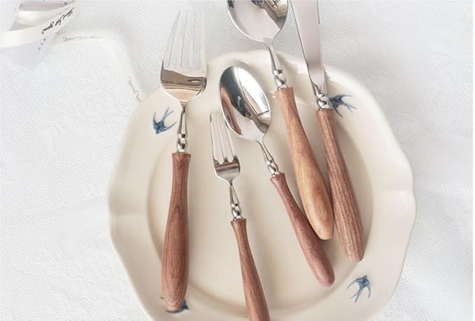 Silverware Flatware Cutlery Set， 6/24/36/48/60/72pcs Steak Knife and Fork Cutlery Wooden Handle Spoon Cutlery Set 304 Stainless Steel Dessert Fork and Spoon，Silver-60 Pieces for 10