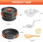 Camping Cookware Kit Portable Kitchen Cooking with Folding Handle Travel Tableware Lightweight Bowls Utensil Pot Pan Set for 1 to 2 People Outdoor Backpacking Hiking Picnic Camping BBQ