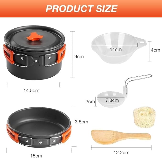 Camping Cookware Kit Portable Kitchen Cooking with Folding Handle Travel Tableware Lightweight Bowls Utensil Pot Pan Set for 1 to 2 People Outdoor Backpacking Hiking Picnic Camping BBQ