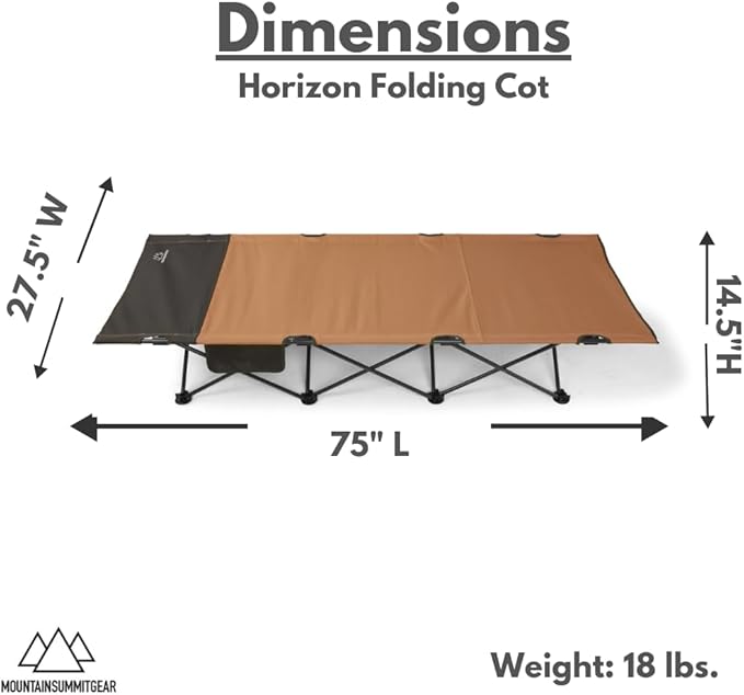MOUNTAIN SUMMIT GEAR Horizon Cot, Foldable Camping Cot for Children & Adults, Durable Sleeping Pad with Steel Frame That Holds 300 lbs, Folding Bed Includes Side Storage (by Caddis Sports)