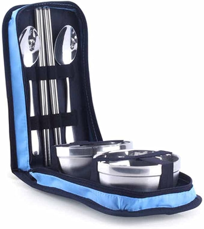 Picnic Tourist Set Outdoor Stainless Steel Tableware Camping Cutlery Chopsticks Spoon Bowls Bag Dinnerware Travel Tools (Color : B) (D)