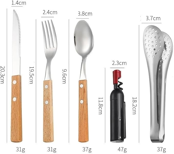 Silverware Flatware Cutlery Set, 304 Stainless Steel Outdoor Camping Tableware Set For Two, Wooden Handle Knife, Fork, Spoon, Steak Clip, Bottle Opener(Gold,12Set)