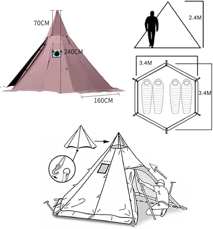 Hot Tents Outdoor Tents Teepee with Stove Hole Waterproof Family Pyramid Tent Camping Backpacking Hiking Mountaineering Heated Shelter