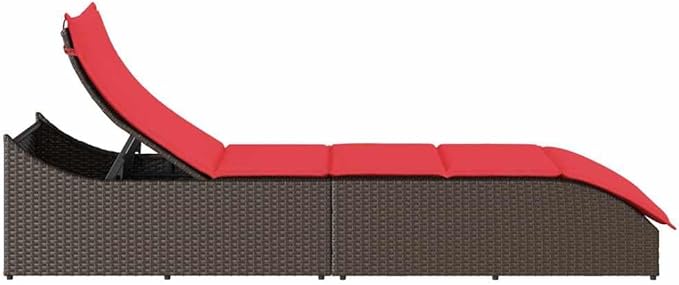 Folding Sun Lounger with Cushion and Storage Brown Poly Rattanpatio Recliner Camping Chairs Tanning chairSuitable for Garden Courtyard
