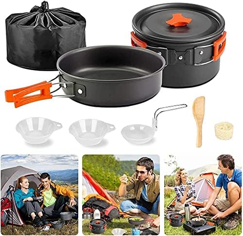 MDybf Camping Cookware Kit Portable Kitchen Cooking with Folding Handle Travel Tableware Lightweight Bowls Utensil Pot Pan Set for 1 to 2 People Outdoor Backpacking Hiking Picnic Camping BBQ