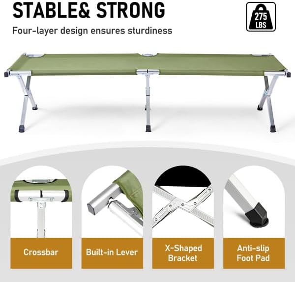 Portable Folding Camping Cot, Heavy Duty Sleeping Bed with Carrying Bag, 610D Oxford Cloth & Lightweight Aluminum Frame, 275lbs Load, Outdoor Cot for Adults, Travel, Hiking, Office (Green, 2 Pack)