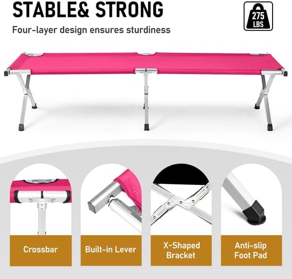 Portable Folding Camping Cot, Heavy Duty Sleeping Bed with Carrying Bag, 610D Oxford Cloth & Lightweight Aluminum Frame, 275lbs Load, Outdoor Cot for Adults, Travel, Hiking, Office (Pink, 1 Pack)