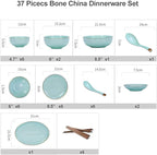 Dinnerware Sets Dish Set Bone China Porcelain dinnerware Set, European-Style Phnom Penh Bone China Tableware Set Bowls and Plates Dinner Set Service for 4-10 (37pieces)