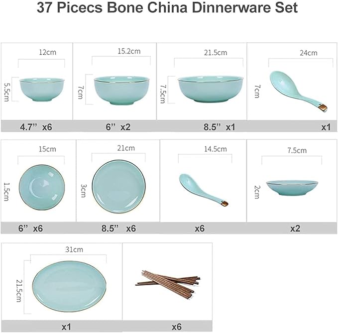 Dinnerware Sets Dish Set Bone China Porcelain dinnerware Set, European-Style Phnom Penh Bone China Tableware Set Bowls and Plates Dinner Set Service for 4-10 (37pieces)
