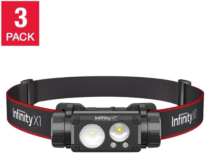 Infinity X1 Rechargeable LED Headlamps, 1500 Lumens, Up to 30 Hours Runtime, 6 Modes, 3-Pack