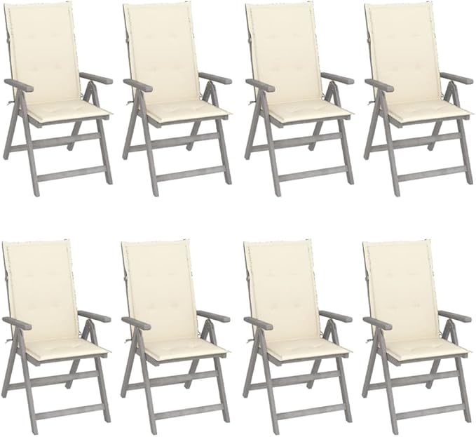 Patio Reclining Chairs with Cushions,Camp Chair,Barbecue Chairs,Fishing Chairs,Bistro Chair,Coffee Chair,Patio Funiture,for Dining Room,Living Room,Study Room,Garden,8 pcs Gray Acacia Wood