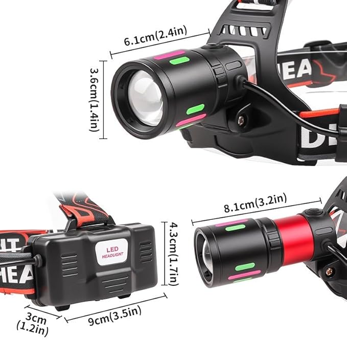 Headlamp Rechargeable LED Head Lamp, Super Bright Zoomable Head Light with Taillight and Night Vision Functions, Headlamps Adults Forehead Flashlight Headlight for Running, Camping, Hiking