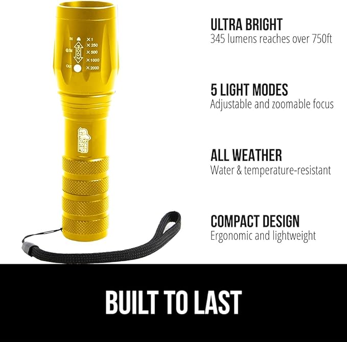 GORILLA GRIP Powerful LED Tactical Flashlight, 750 FT High Lumens 5 Adjustable Modes, Water Resistant, Ultra Bright Zoom Flashlights, Small Mini Flash Light, Camping, Night Dog Walking, 2 Pack Gold