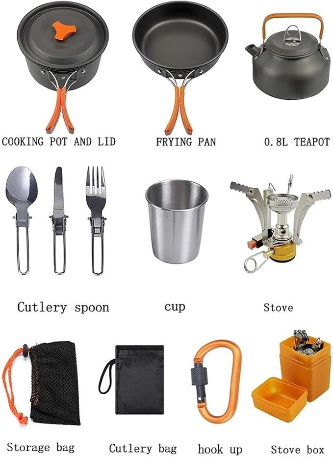 Camping Cookware Set Picnic Cooking Pots Set Outdoor Hiking BBQ Tableware with Pan Kettle Stove Set Camping Tourism Supplies Kit (Color : B)