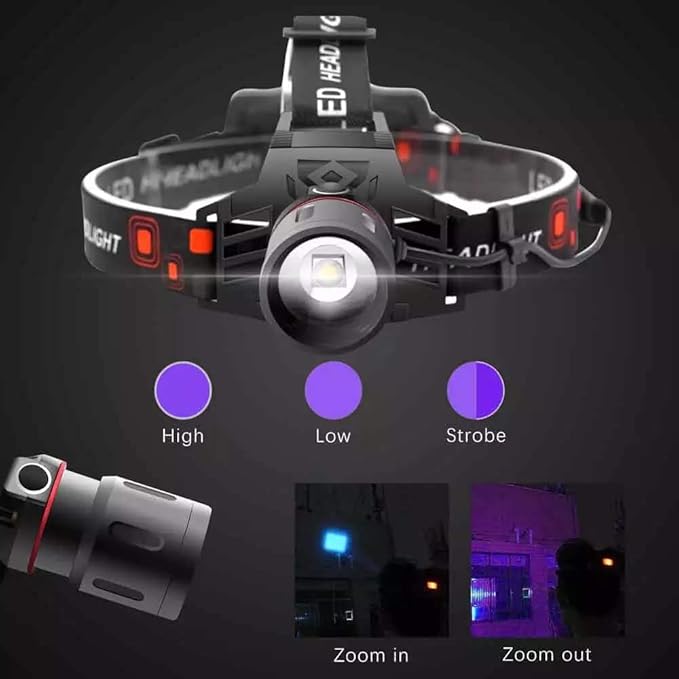 Headlamp UV Light, UV LED Black Light Headlamp 395nm Ultra Violet Purple Light Headlight Rechargeable & Zoomable for Auto Oil HVAC Leaks, Detects Rock Hounds, Scorpions, Pet Urine Stains