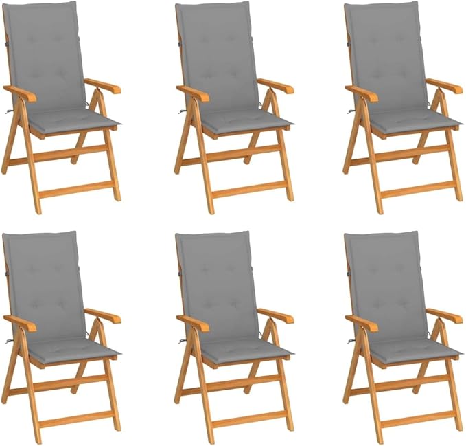 Patio Chairs 6 pcs,Outdoor Folding Chair,Lounge Chair,Portable Camping Chair,Tanning Chairs for Outside,Garden Chair,for Outdoor Patio, Campsite, or Yard, with Gray Cushions Solid Teak Wood