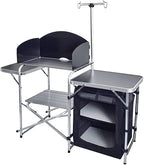 Folding Cooking Table Outdoor Portable Cook Station Aluminum Camping Kitchen with Storage Organizer, Windscreen, Hooks for BBQ, Party (Black)