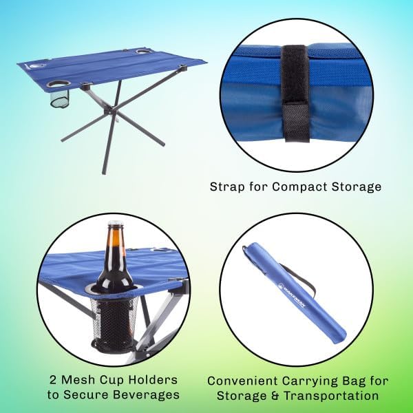 Camp Table - Outdoor Folding Table with 4 Cupholders and Carrying Bag for Camping, Beach, Picnic, Sporting Events, and More by Wakeman Outdoors | Outdoor, 4 Cupholders, Carrying Bag, Camping, Beach, Picnic