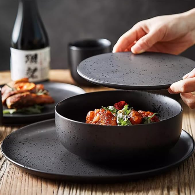 Camping Plates Japanese Style Black Breakfast Tableware Creative Set Bowls and Plates Home Steak Western Flat Salad Decorative Plate(3PCS)