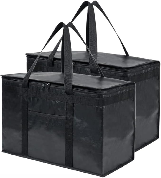 NZ home Insulated Bags for Food Delivery (2XL PRO) Grocery Shopping Cooler Bag, Pizza Delivery, Hot & Cold Catering Tote, Reusable, Foldable & Heavy Duty (2 Pack, Black)