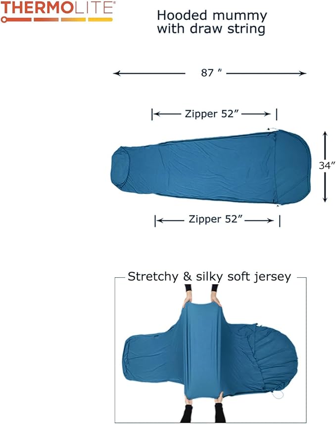 BROWINT Thermolite Sleeping Bag Liner with Zippers for Cold Weather, Lightweight Mummy with Hood & Rectangular Sleep Sack for Adult, Adds Warmth, Thermal Travel Liner, All Season