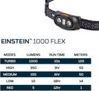NEBO Einstein Powerful 1000 Lumen Headlamp with Flexpower, Compact Low-Profile Headlamp with 5 Light Modes, Black