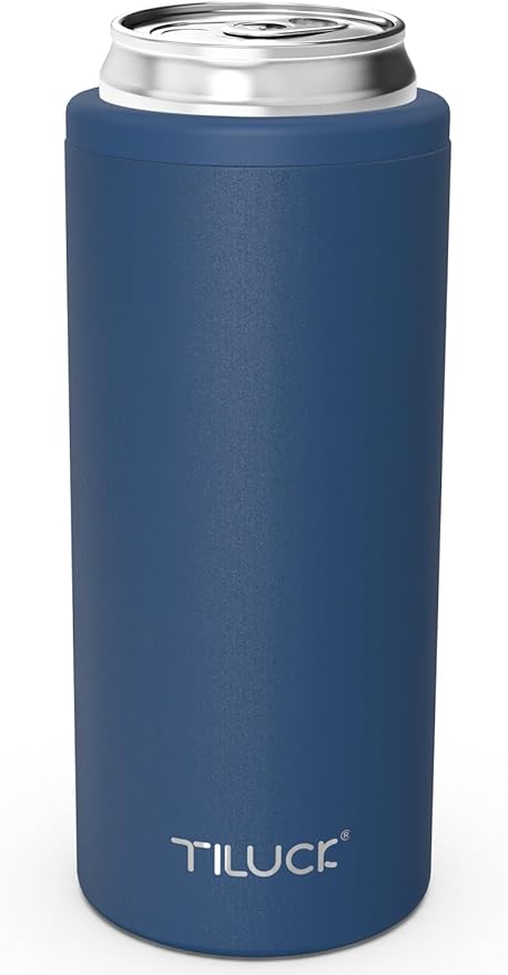 TILUCK Skinny Can Cooler for Slim Beer & Hard Seltzer, Stainless Steel, Doucle-Walled Stainless Steel Insulated Slim Cans, Standard 12 oz (Frosted Navy)