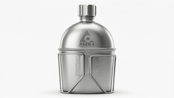 GEN 2: ALFA1 GI Military Grade Stainless Steel Canteen & Kidney Style Cup (with 12 Lobe Stainless Steel Cap) | Portable Water Bottle for Trips, Hiking, Camping and Outdoor Activities | 1 Quart